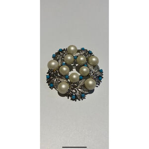 Sarah Coventry Floral Wreath Brooch, Faux Pearls and Blue Beads, Silver